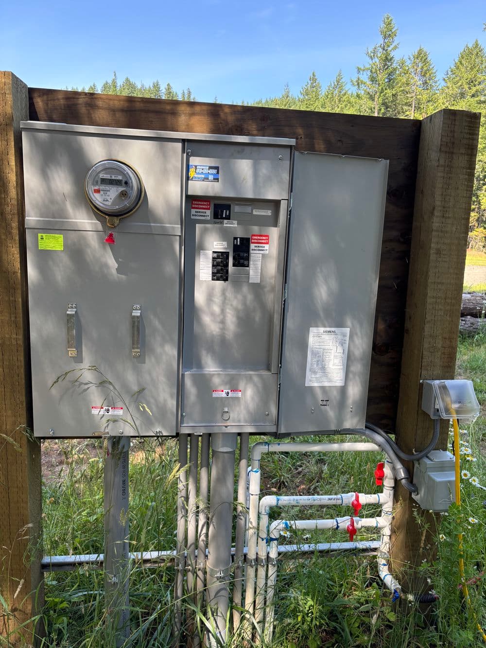 Electrical meter and service panel installed outdoors with utility connections and surrounded by greenery.
